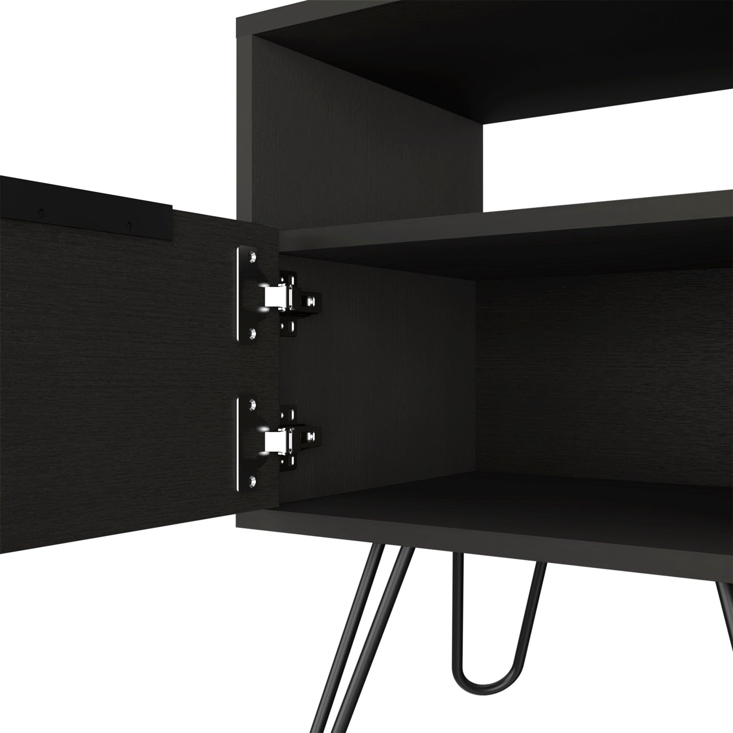 Nightstand 22"H, One Open Shelf, Single Door Cabient, Hairpin Legs, Black