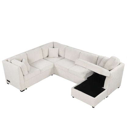 108.6" U-shaped Sectional Sofa Pull out Sofa Bed with Two USB Ports, Two Power Sockets, Three Back Pillows and a Storage Chaise for Living Room, Beige