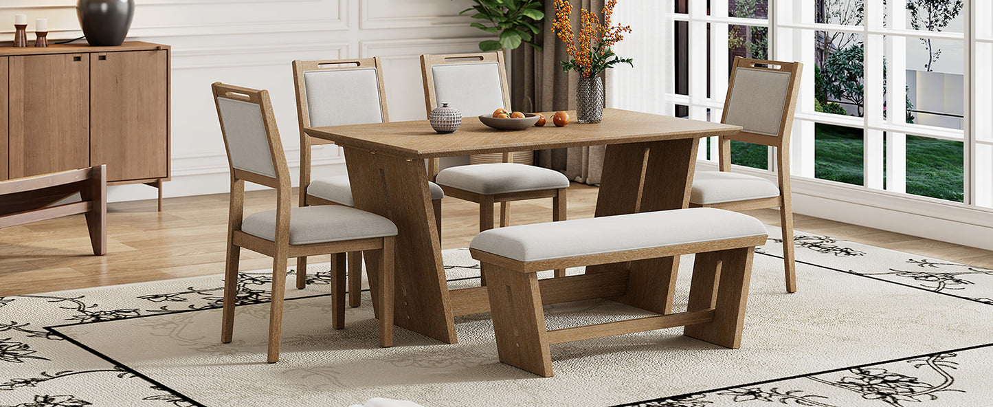 TREXM 6-Piece Retro Dining Set, 1 Rectangular Table with Stable Trapezoidal Table Base and 4 Upholstered Chairs and 1 Bench for Dining Room and Kitchen (Natural Wood Wash)