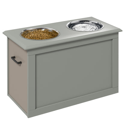 PawHut Raised Pet Feeding Storage Station with 2 Stainless Steel Bowls Base for Large Dogs and Other Large Pets, Gray