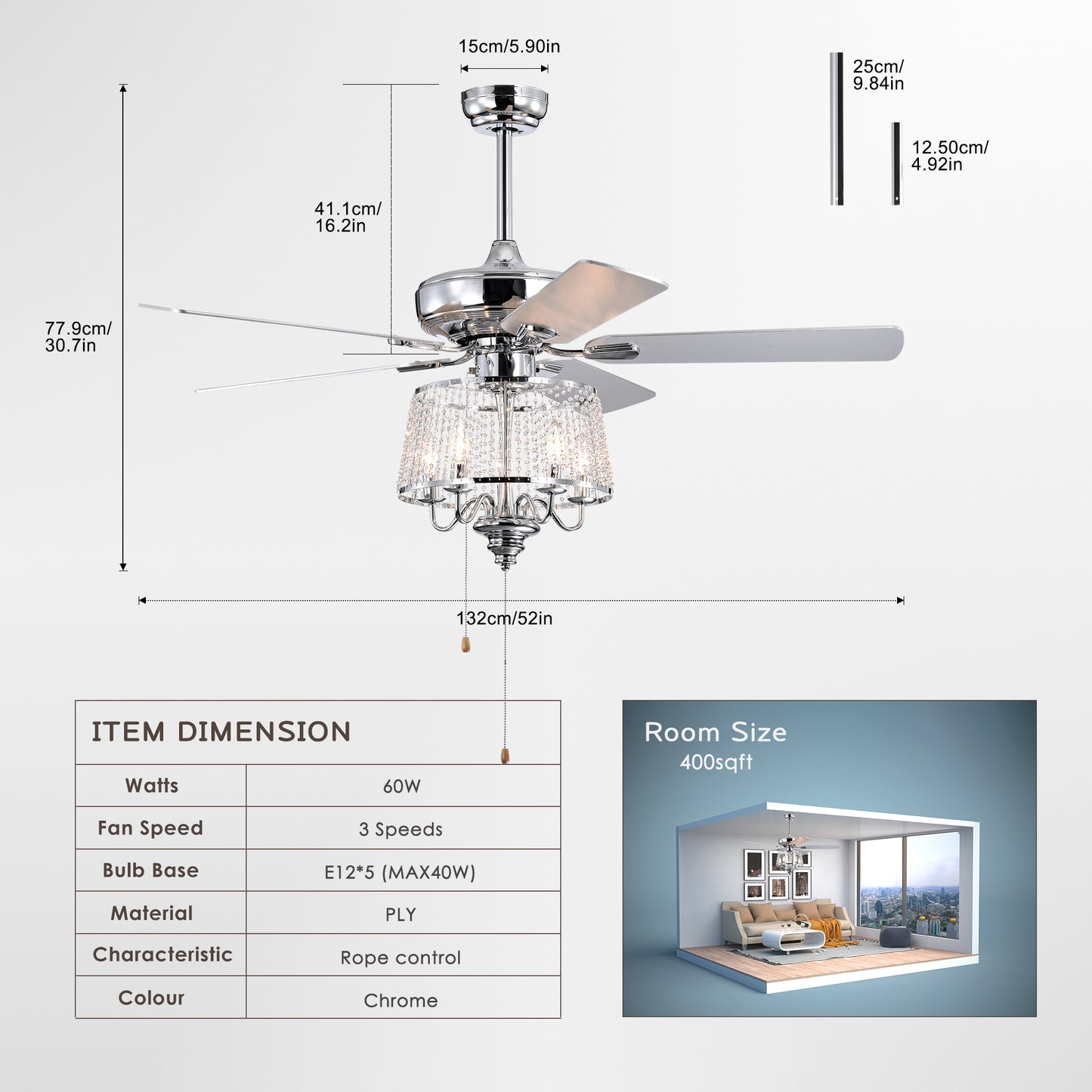 52 Inch Crystal Ceiling Fan , Modern Electrical Fan with 5 Wood Reversible Blades,  4 Bulbs Not Included,Noiseless Reversible AC Motor for Bedroom/Living Room/Study/Patio Home Decoration  (Chrome)