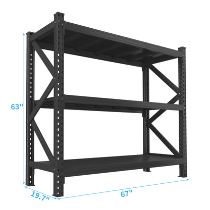 3-Tier Industrial Shelving Rack - 63in, Heavy Duty Steel Shelving Unit Adjustable, 67" W*19.7" D*63"H, Black, Requires Assembly