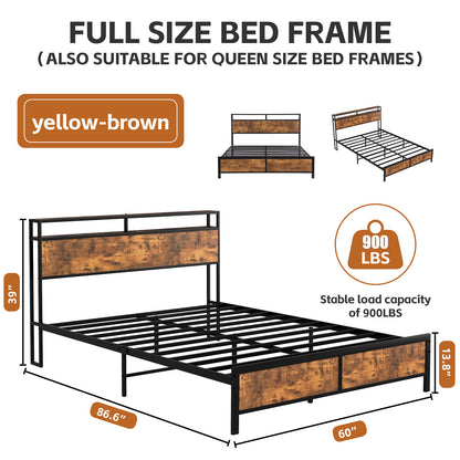 Industrial Full Bed Frame with LED Lights and 2 USB Ports, Bed Frame Full Size with Storage, Noise Free, No Box Spring Needed, Rustic Brown