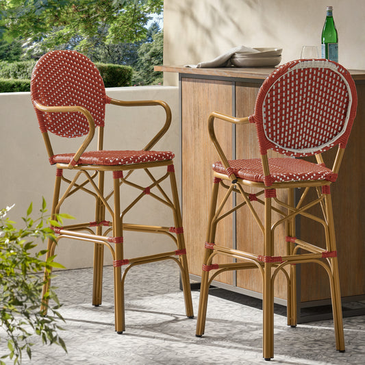 Outdoor Wicker and Aluminum 29.5' French Barstools, Set of 2, Red, Bamboo Print Finish