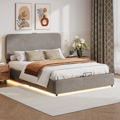 Upholstered Platform Full Size Hydraulic Storage Bed, Lift Up Storage Bed with RGB LED Light, Bluetooth Speaker, No Box Spring Needed, Lychee Velvet, Gray