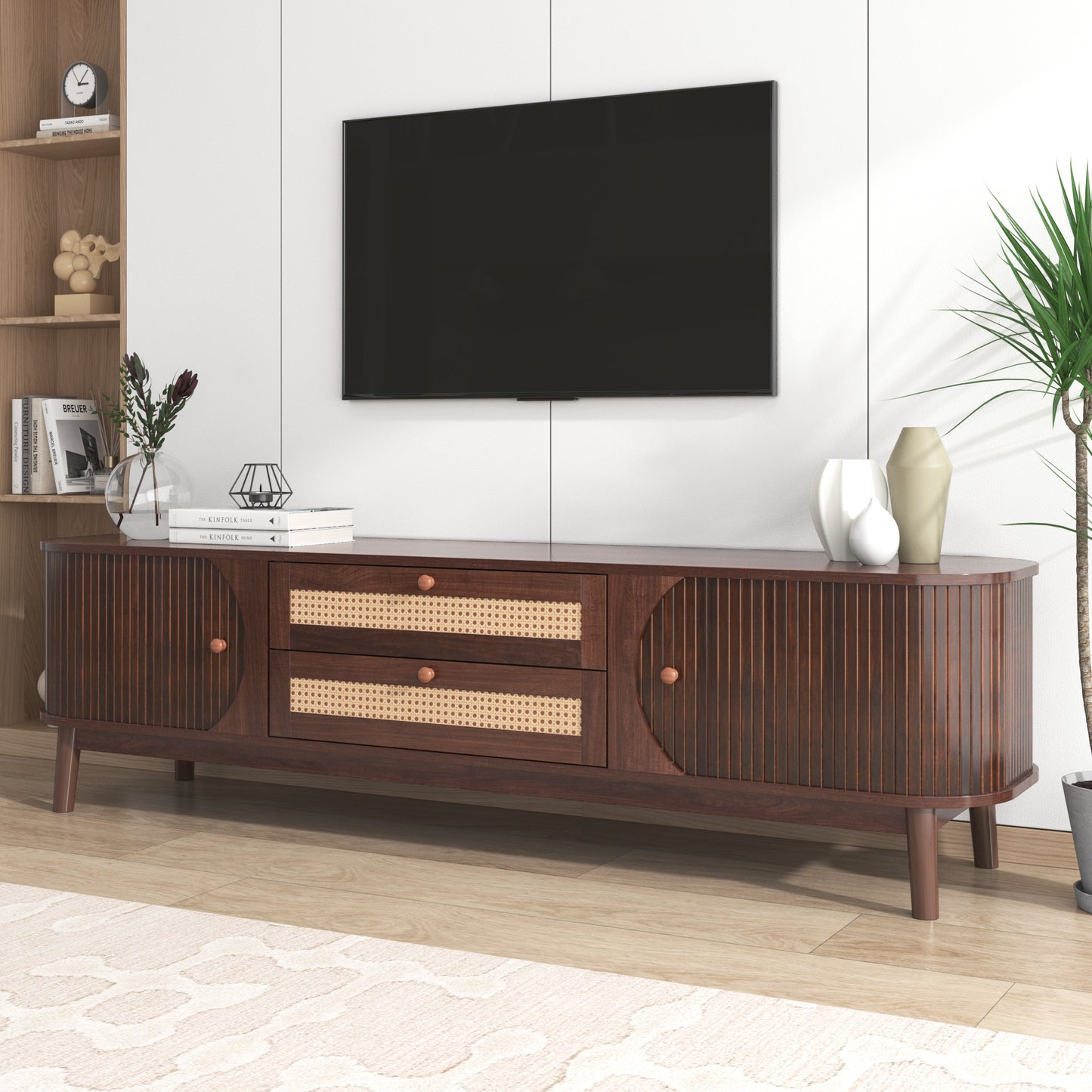 Rattan TV Stand for TVs up to 75'', Modern Farmhouse Media Console, Entertainment Center with Solid Wood Legs, TV Cabinet for Living Room,Home Theatre