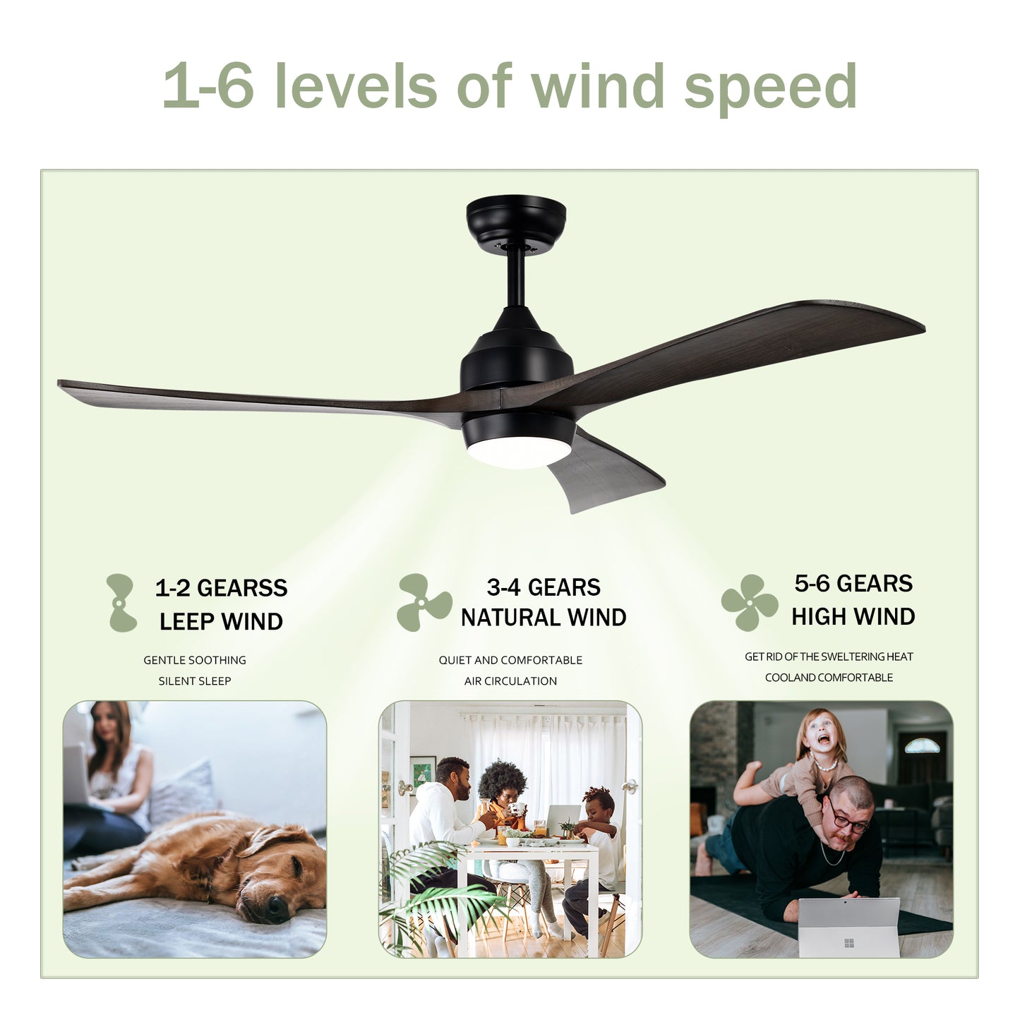 52" Ceiling Fan with Lights Remote Control,Quiet DC Motor 3 Blade Ceiling Fans 6 Speed Levels,Reversible Ceiling Fan, for Patio Living Room, Bedroom, Office,Indoor.(Matte Black +Black Walnut )
