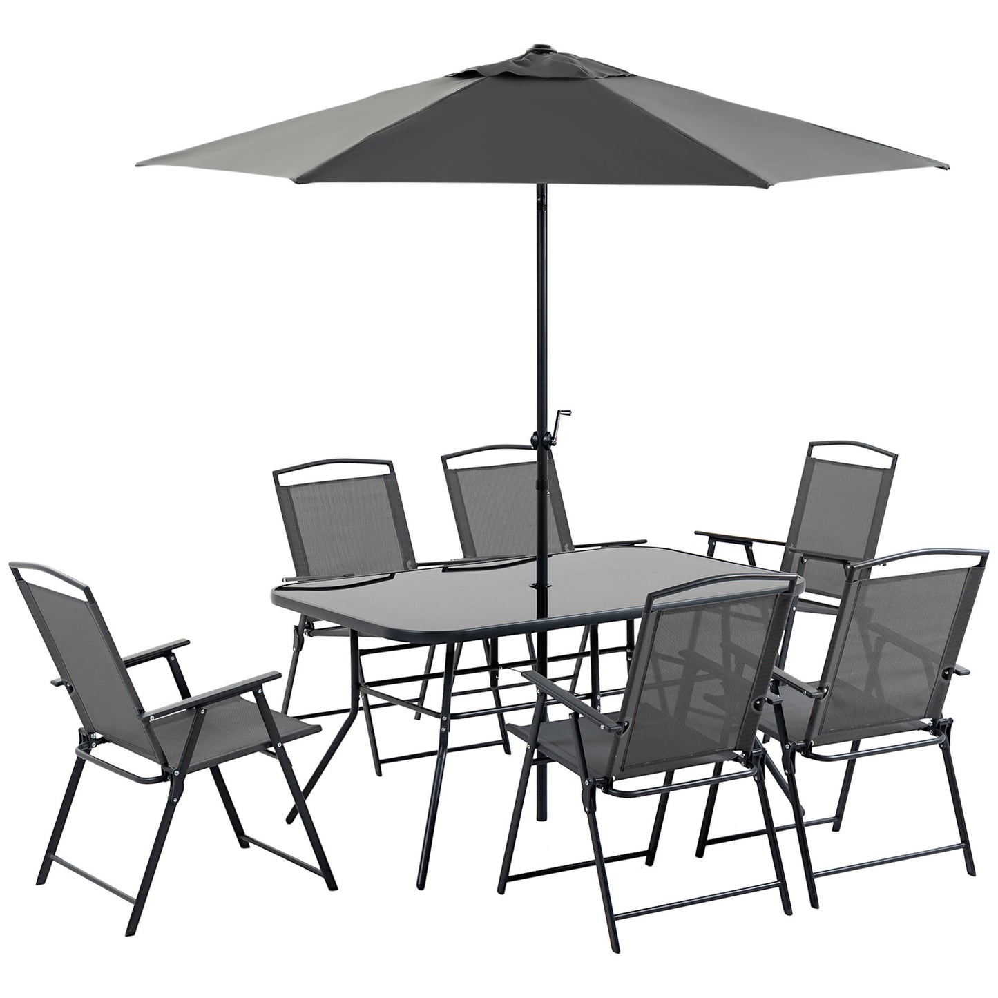 Outsunny 8 Piece Patio Dining Set with Table Umbrella, 6 Folding Chairs and Rectangle Dining Table, Outdoor Patio Furniture Set, Black