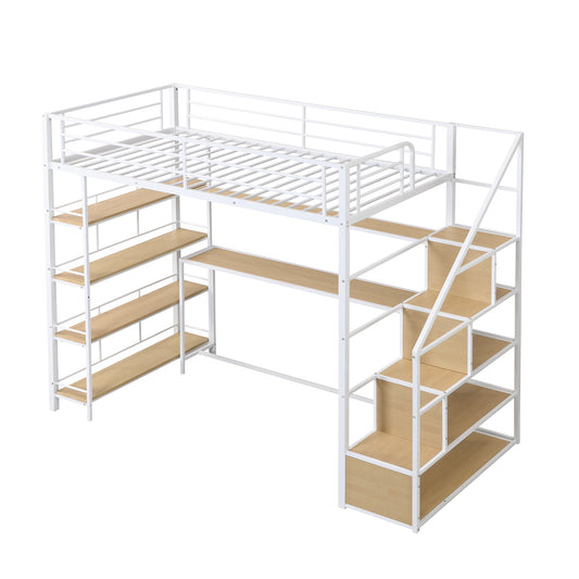 White Twin Size Metal Loft Bed with Built-in Desk, Staircase Storage & 4-Tier Shelves, Metal and MDF
