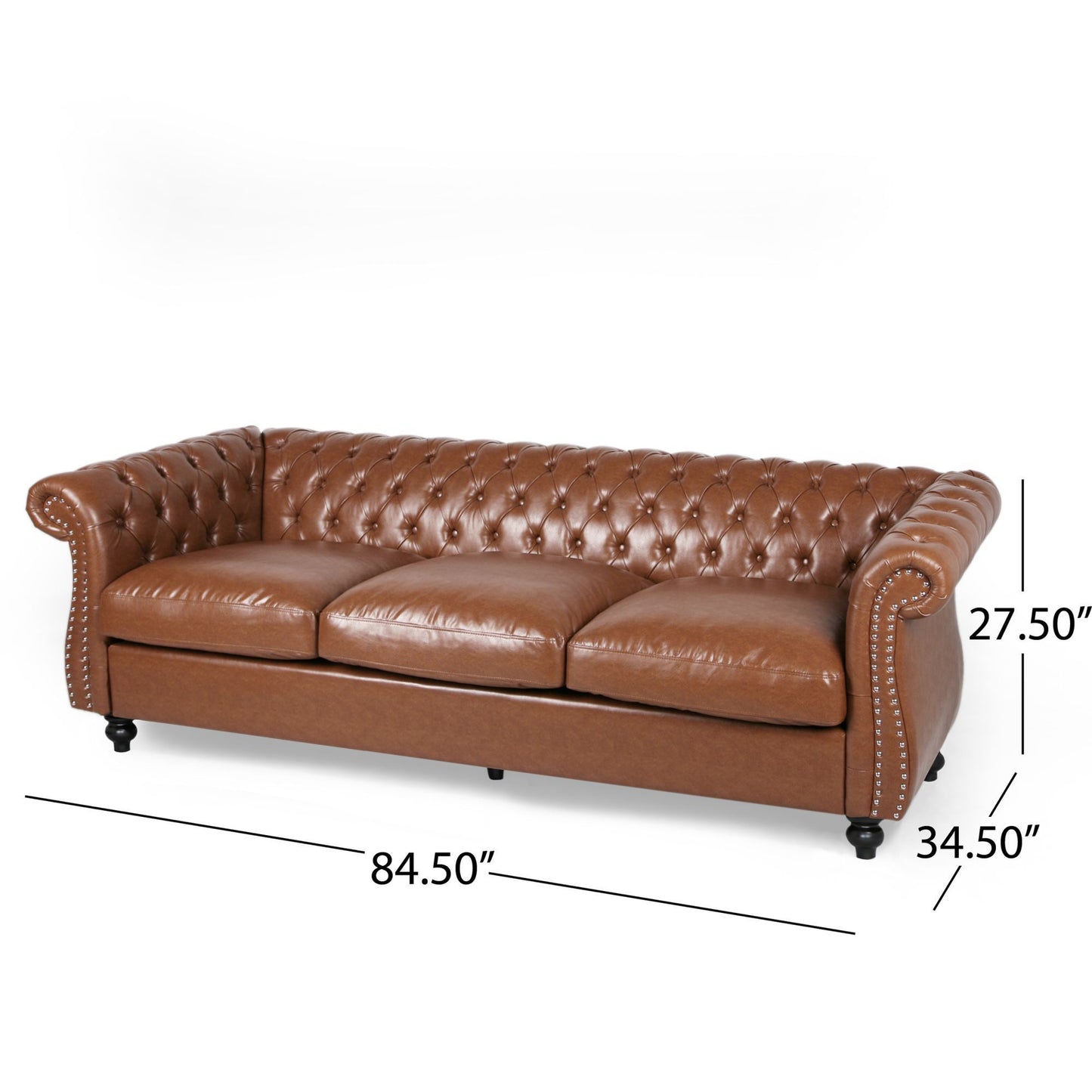 84.50'' Mid Century Cognac Brown 3-Seater Sofa, PU, Classic Retro Sofa with Rolled Arms – Modern, Elegant, and Comfortable Couch, Perfect for Living Room, Office, Bedroom, Primary Living Spaces