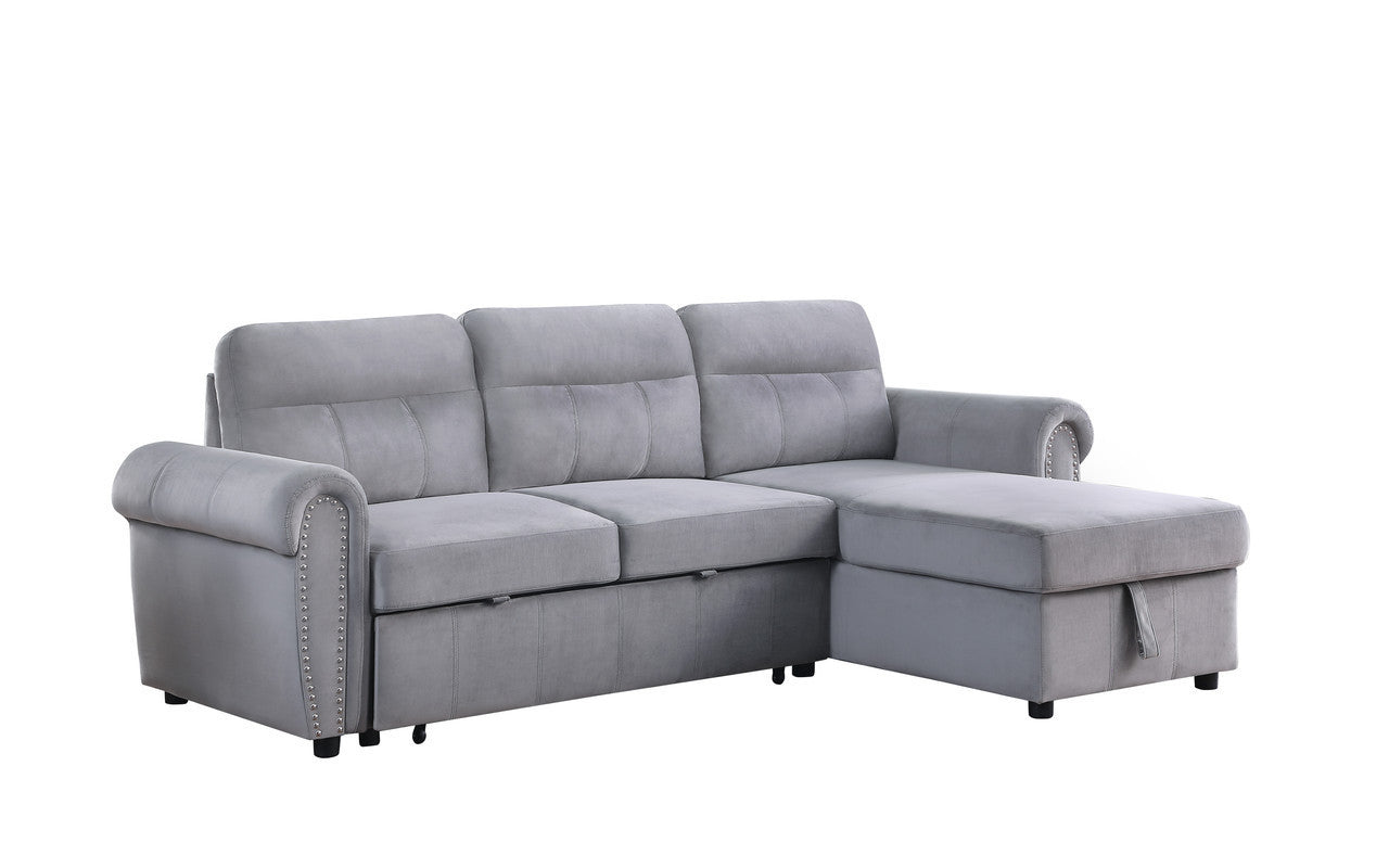 Ashton 96.5" Gray Velvet Fabric Reversible Sleeper Sectional Sofa Chaise