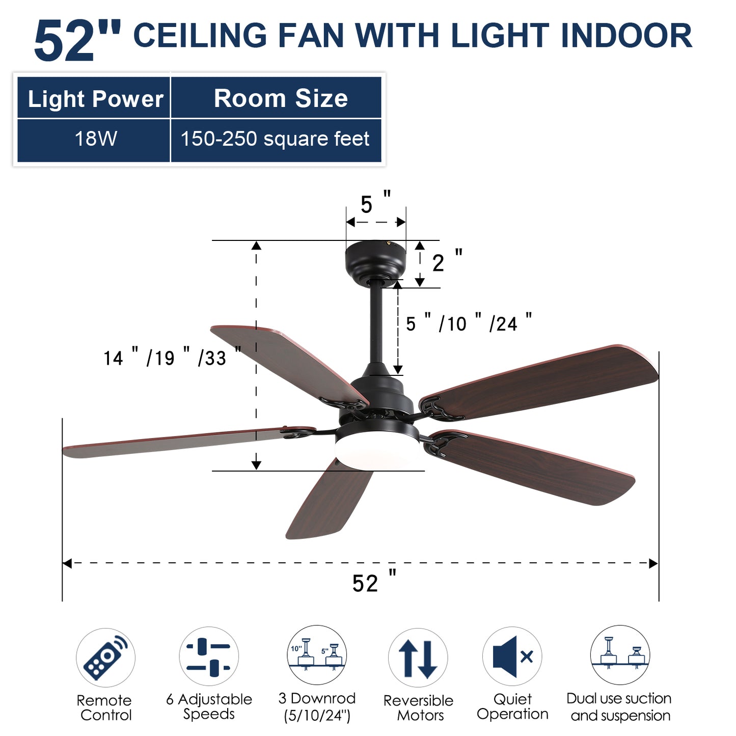 52 Inch Classics Ceiling Fan With Dimmable Led Light 6 Speed Wind 5 Blades Remote Control DC Motor For Indoor