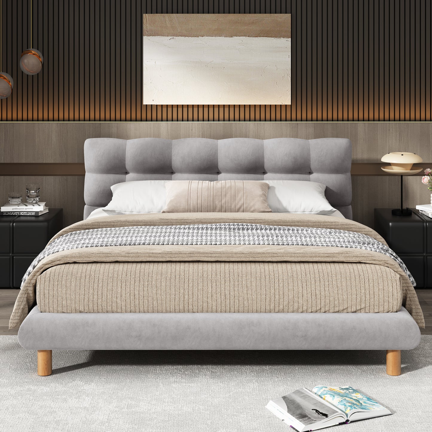 Full Size Upholstered Platform Bed Frame with Cookie-Shaped  Headboard, Easy Assembly, soft and comfortable,Grey