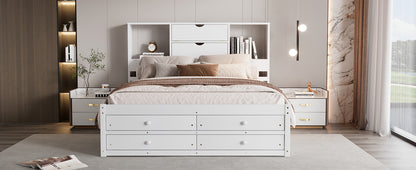 Queen Size Platform Bed with Storage Headboard and 8 Drawers, White