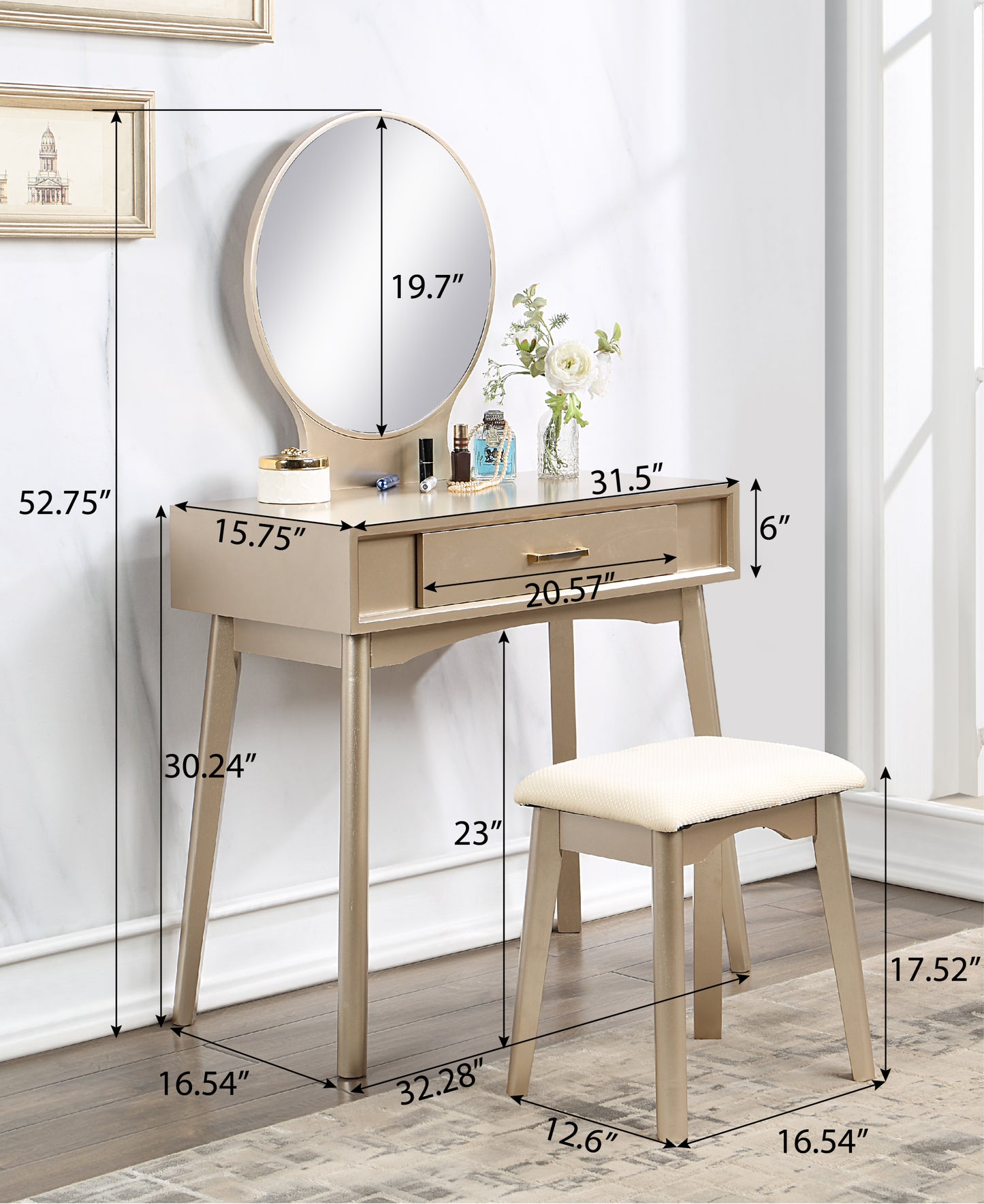 Maly Contemporary Wood Vanity and Stool Set, Gold