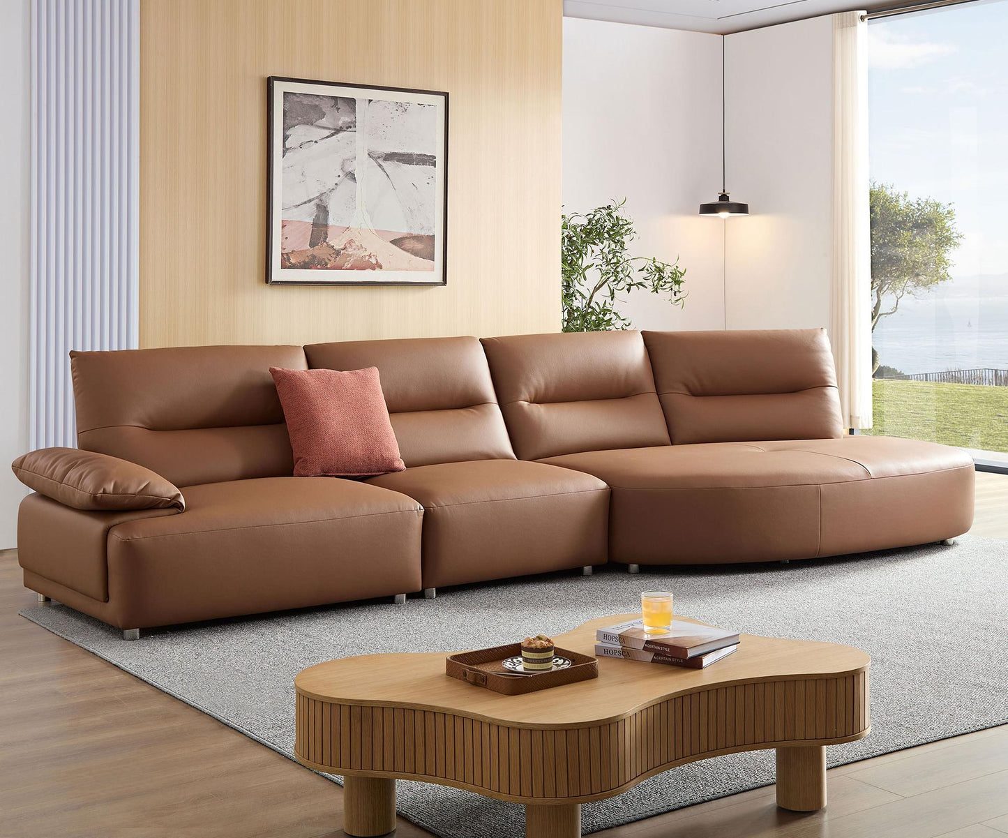 147.24'' Oversied Modern Sectional Curved Shaped Sofa Couch for Living Room,Upholstered 5-Seat Sofa Eco-leather Couch Set,Brown