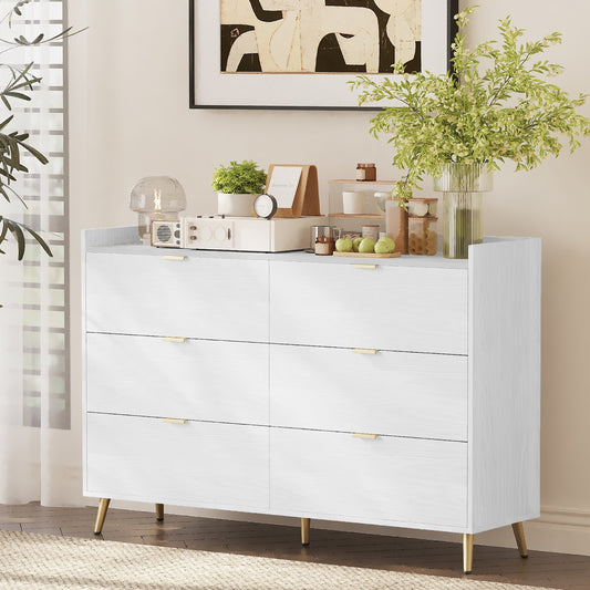 55" Long 6 Drawer Dresser with Marbling Worktop, Mordern Storage Cabinet with Metal Leg and Handle for Bedroom, White