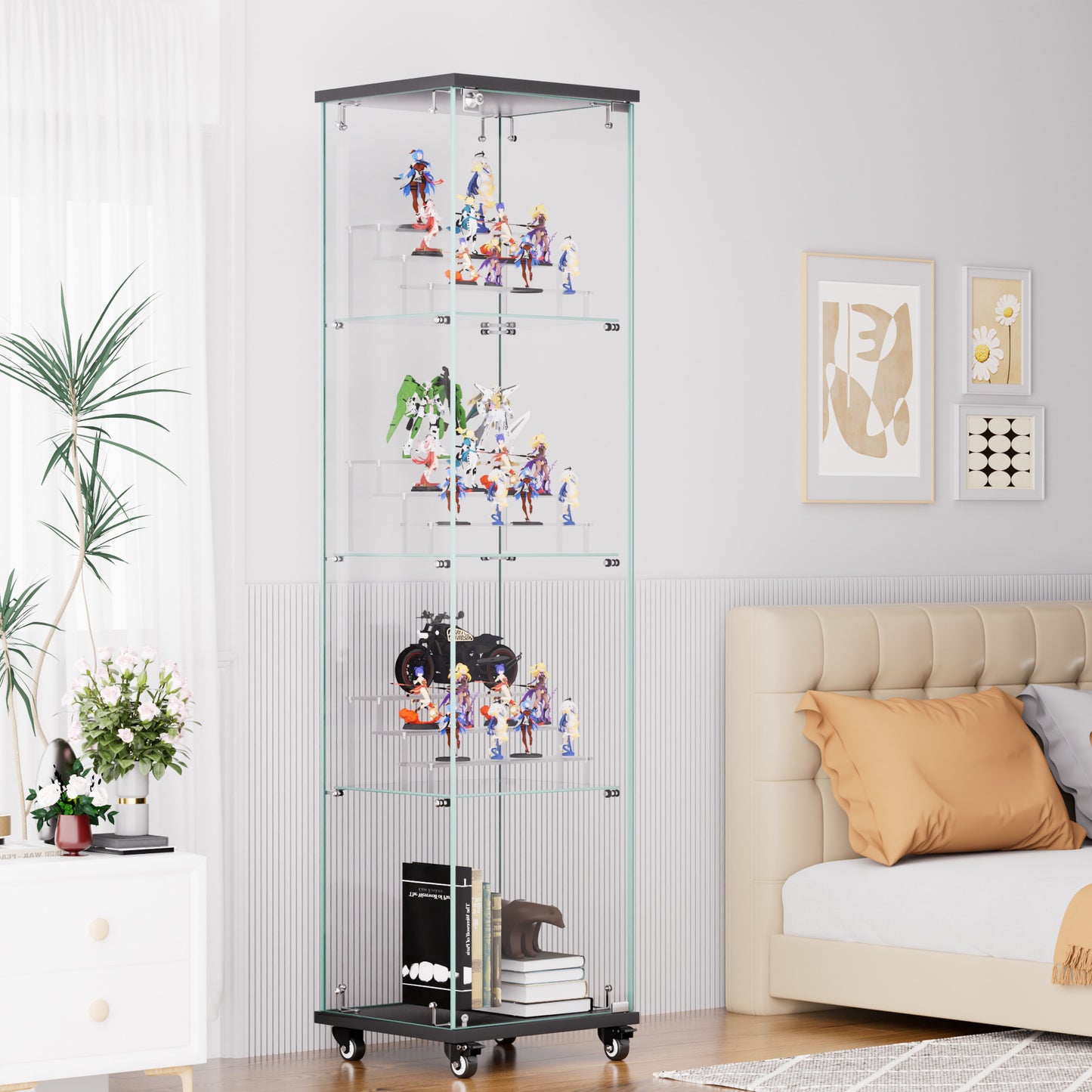 4 Tier Glass Display Cabinet, Single Door Glass Cabinet with Lock and Wheels, Floor Standing Storage Cabinet with 3 Acrylic Shelves for Living Room, Bedroom and Office, Black, 15.8"L x 14.2"W x 65.1"H