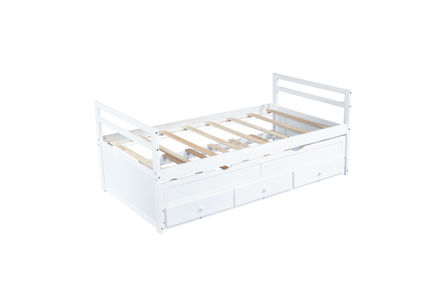 Twin Size Bed with Headboard, Footboard, Trundle and Three Storage Drawers, Twin Size Pine Wood Bed with Headboard, Footboard,White