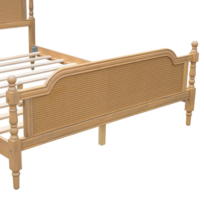 Traditional Style Rattan Queen Size Bed Frame,No Box Spring Needed,Antique Walnut