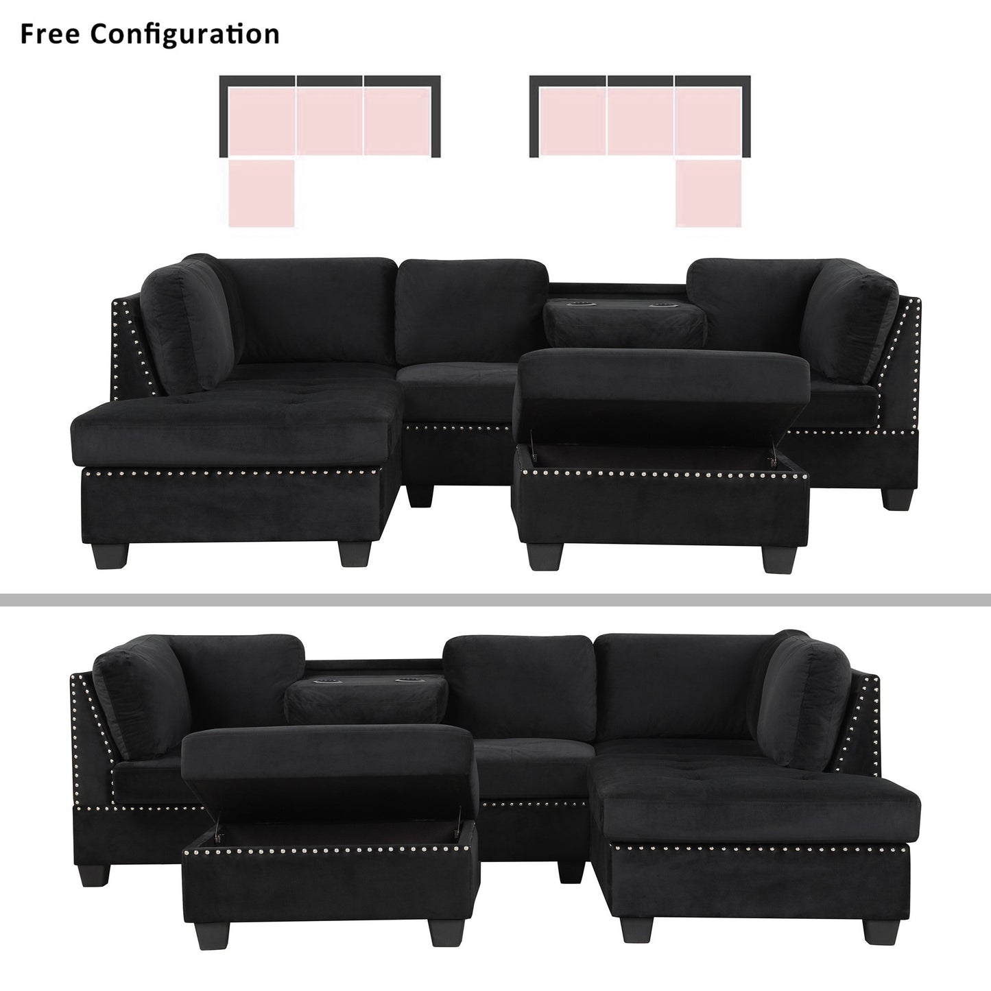 104.5" Reversible Sectional Sofa Space Saving with Storage Ottoman Rivet Ornament L-
shape Couch for Small or Large Space Dorm Apartment,Black(Old:SG000406AAA)