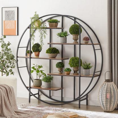 Round 5-Tier Metal Plant Stand bookcase storage rack, Indoor Living Room Terrace Garden Balcony Display Stand. Rustic Brown, 67'' W x 11.8'' D x 67'' H.