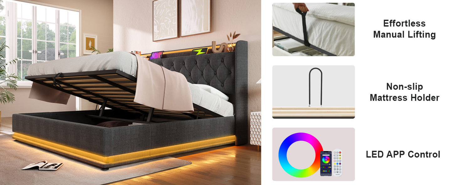 Full size Upholstered bed, 360 surround LED function, Buttons/Apps/Remote Control, hydraulic storage bed with USB Type-C charging, Gray,Linen (Without mattress)