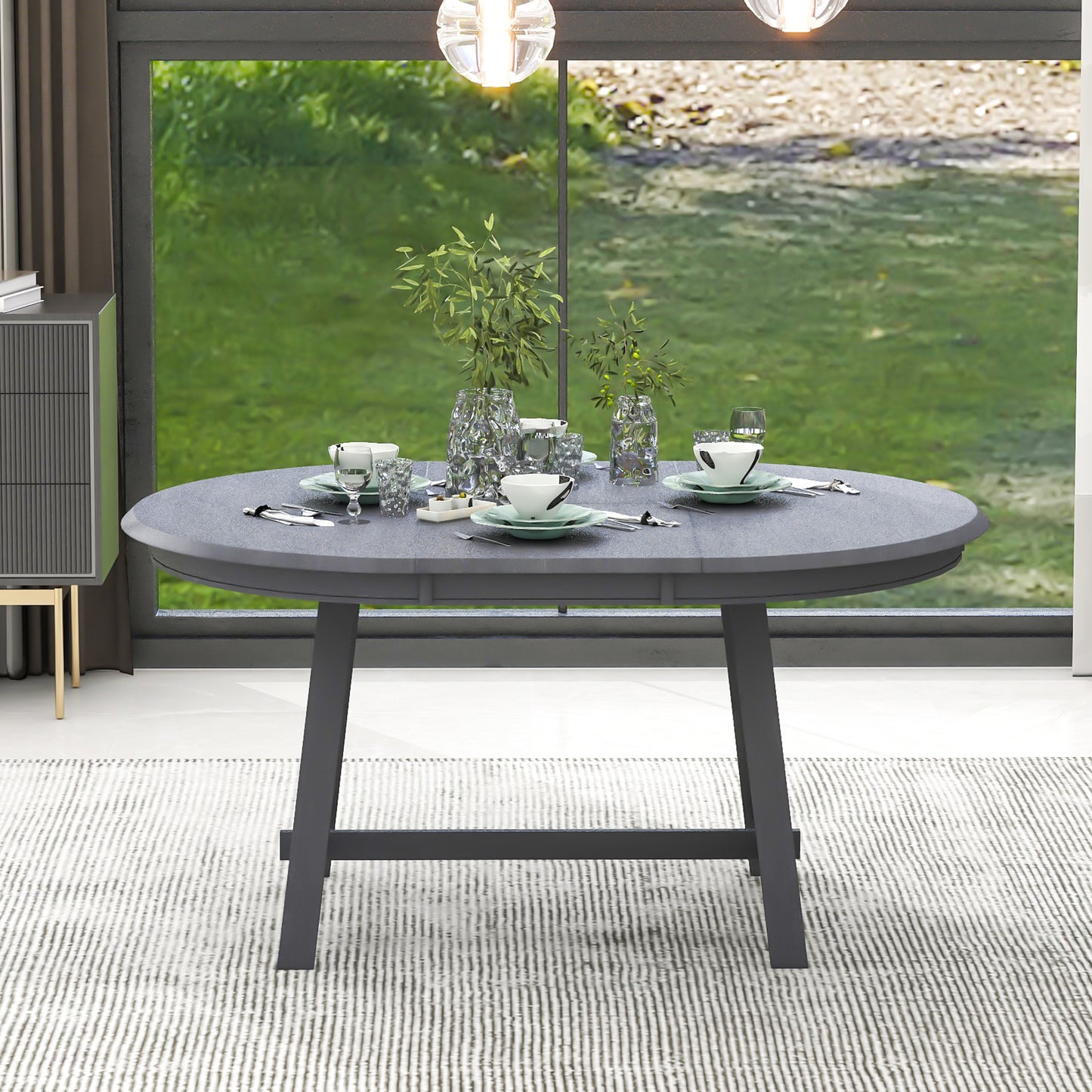 TREXM Wood Dining Table Round Extendable Dining Table for Dining Room (Gray)