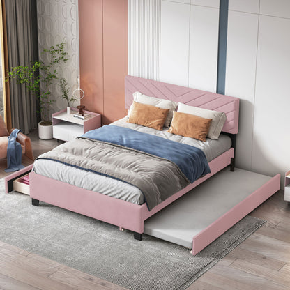 Queen Size Upholstered Platform Bed with Twill Headboard, Pullout Bed and Two Drawers, Flannel,Pink