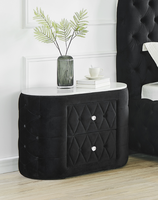 1pc Oval Faux Marble Top Nightstand 2- Drawers Storage Black Finish Button Tufted Faux Crystal Tufted