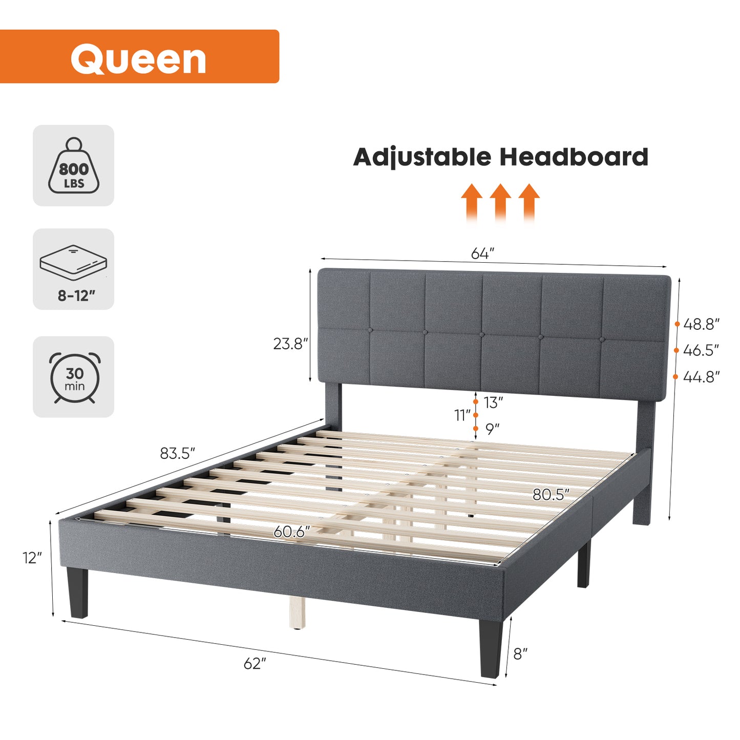 Queen Size Bed Frame - Linen Upholstered Platform Bed with Headboard, No Box Spring Needed with 800LBS Solid Wooden Slats Support, No-Noise, Easy Assembly, Grey