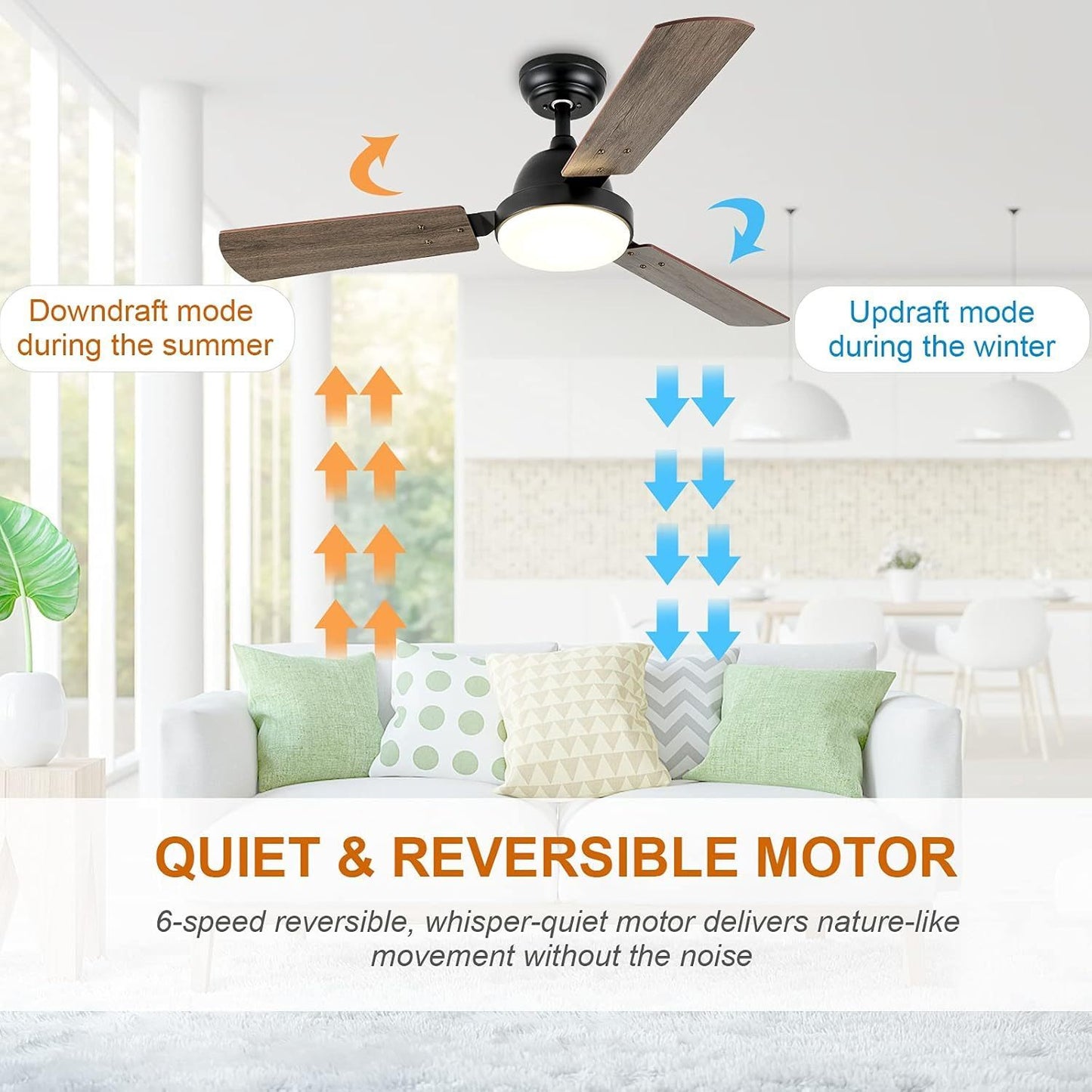 44-inch Ceiling Fan with LED Light and Remote Control, 6-Speed Modes, 2 Rotating Modes, Timer