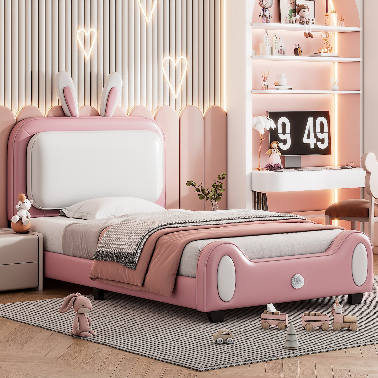 Twin size Upholstered Rabbit-Shape Princess Bed ,Twin Size Platform Bed with Headboard and Footboard,White+Pink