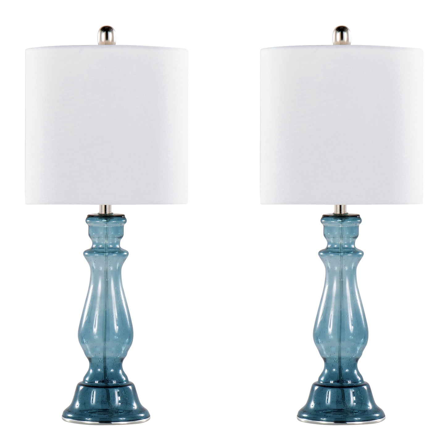 Bishop 25" Contemporary Glass Table Lamp in Clear Angel Blue Seeded Glass, Polished Nickel and White Linen Shade from Grandview Gallery by LumiSource - Set of 2