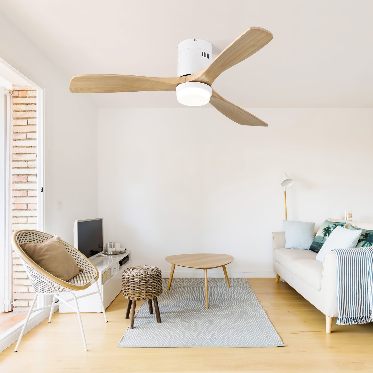 52 Inch Decorative Ceiling Fan With 6 Speed Remote White 3 Solid Wood Blades Reversible DC Motor For Living Room