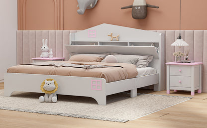 Wooden Full Size House Bed with Storage Headboard ,Kids Bed with Storage Shelf,White