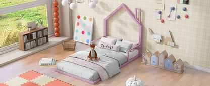 Twin Size Metal Floor Bed with House-shaped Headboard, Pink