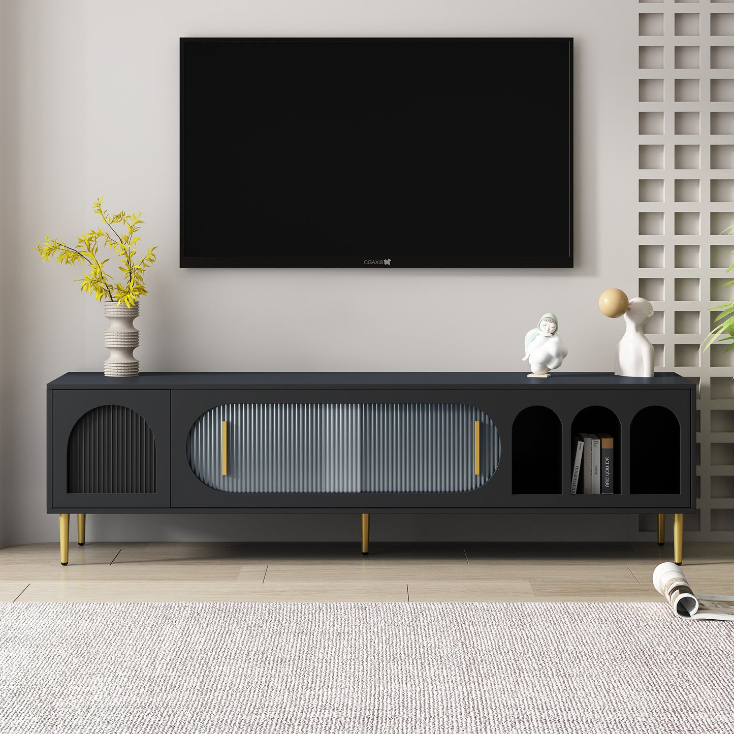 U-Can Modern TV Stand for up to 70 Inch TV, Entertainment Center TV Media Console Table, with 3 Shelves and 2 Cabinets, TV Console Cabinet Furniture for Living Room (Old SKU: WF314645AAB)