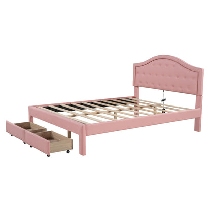 Queen Size Upholstered Platform Bed with Tufted Headboard, LED and 2 Drawers, Pink