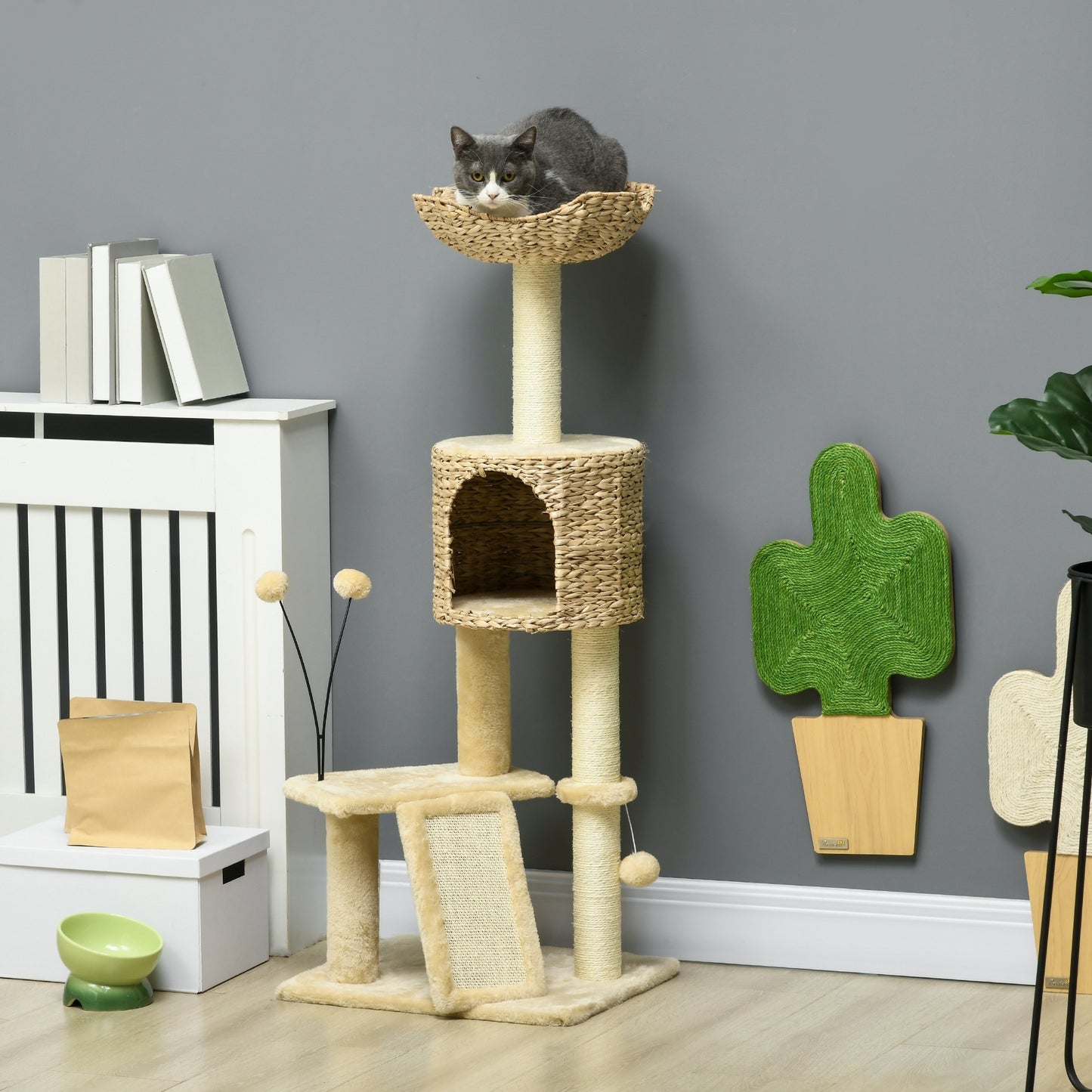 PawHut 45" Cat Tree for Indoor Cats, Cat Tree Tower with Scratching Posts, Ramp, Condo, Toy Balls, Platforms, Bed, Ramp, Beige