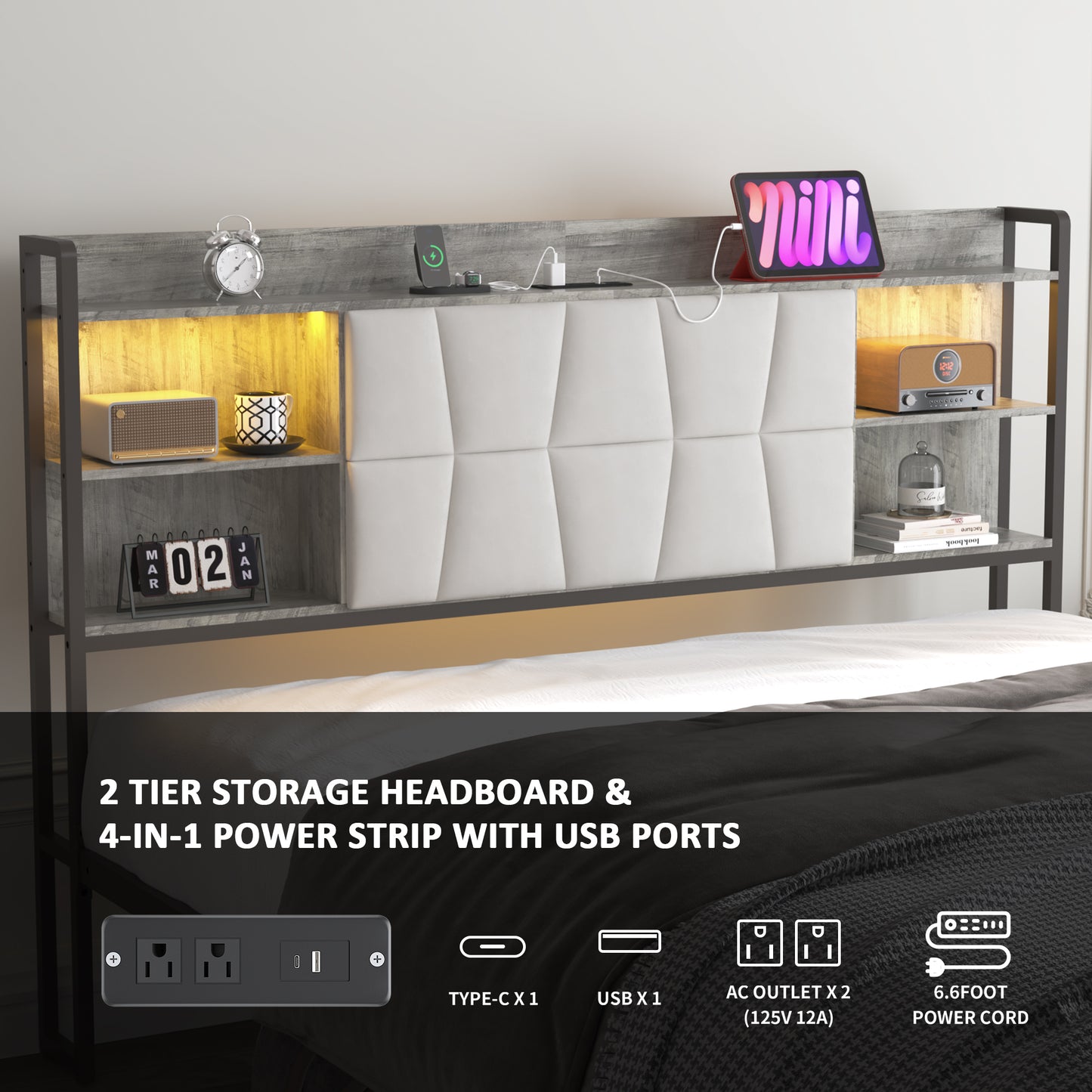 Queen Size Bed Frame with LED Light & Power Outlet, Platform Bed with Upholstered Headboard and Storage, Sturdy Metal Slats Support, No Box Spring Needed, Easy Assembly, Noise-Free