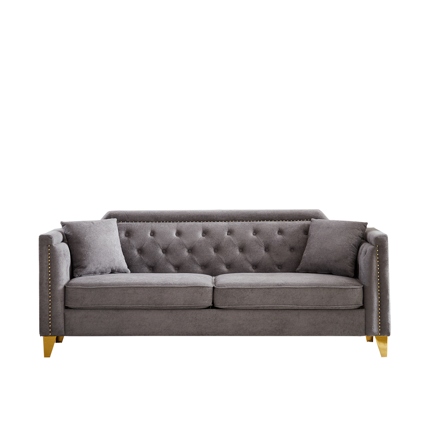 FX 81"Mid-century design modern sofa,Chenille Pull Buckle Design Sofa for Living Room,Buttons Tufted With Copper Nail Decoration Armrest, with 2 Pillows,Modern Couch Upholstered Button And Metal Leg