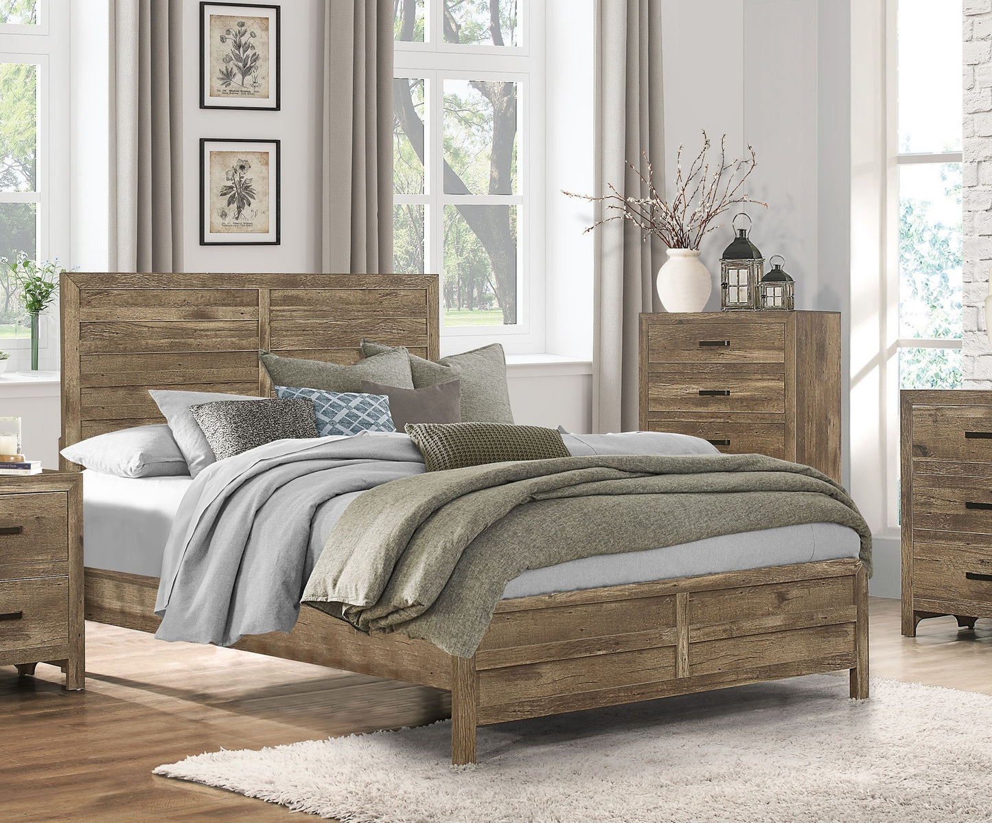 Weathered Pine Finish 1pc Queen Bed Modern Line Pattern Rusticated Style Bedroom Furniture