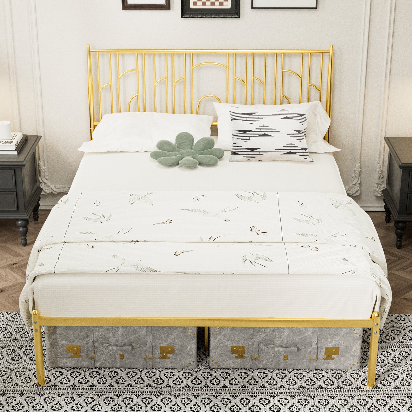 Metal Steel Platform Bed Frame with Iron-art Headboard (Queen Size) - Gold
