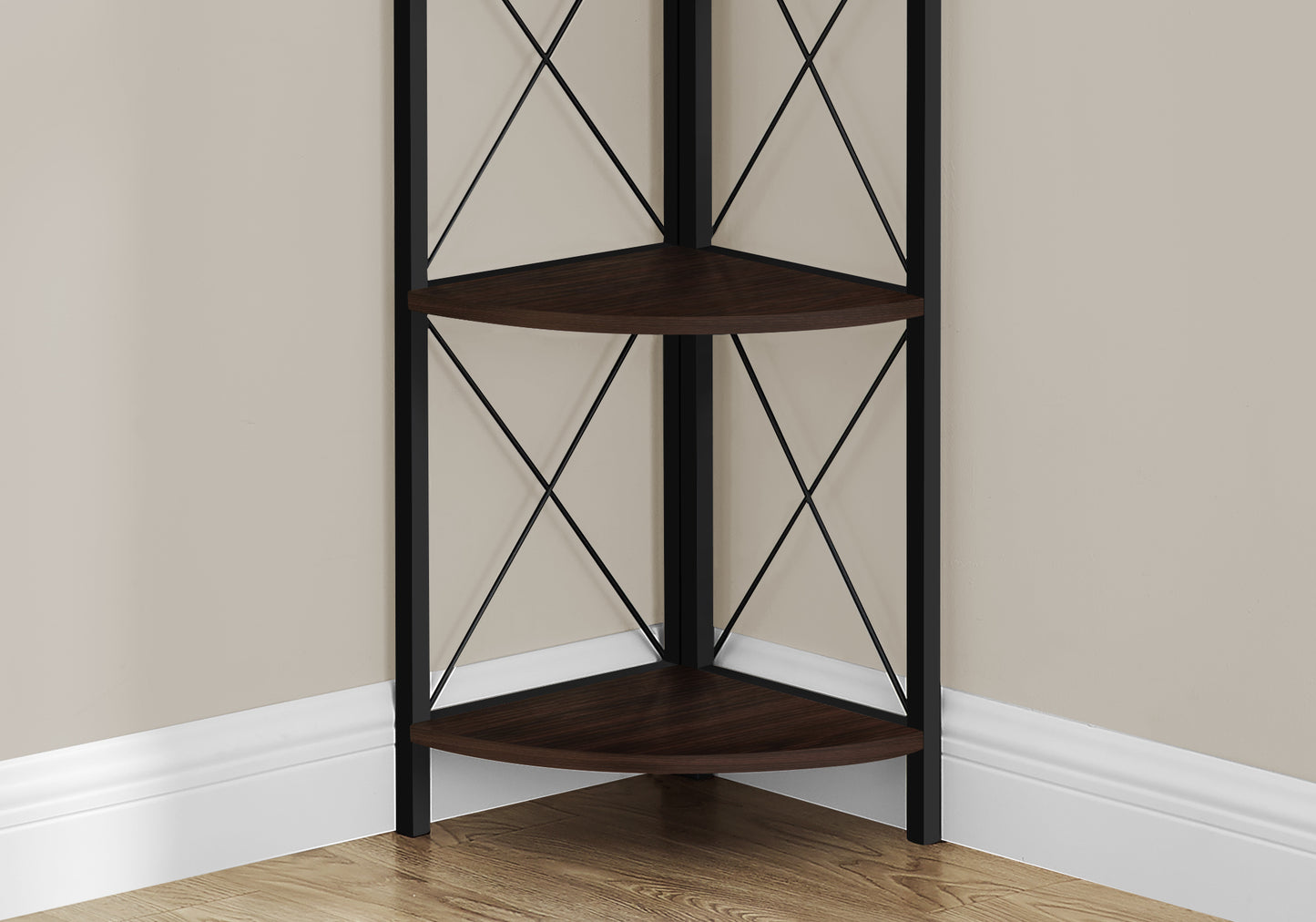 Bookshelf, Bookcase, Etagere, Corner, 4 Tier, 60"h, Office, Bedroom, Brown Laminate, Black Metal, Contemporary, Modern