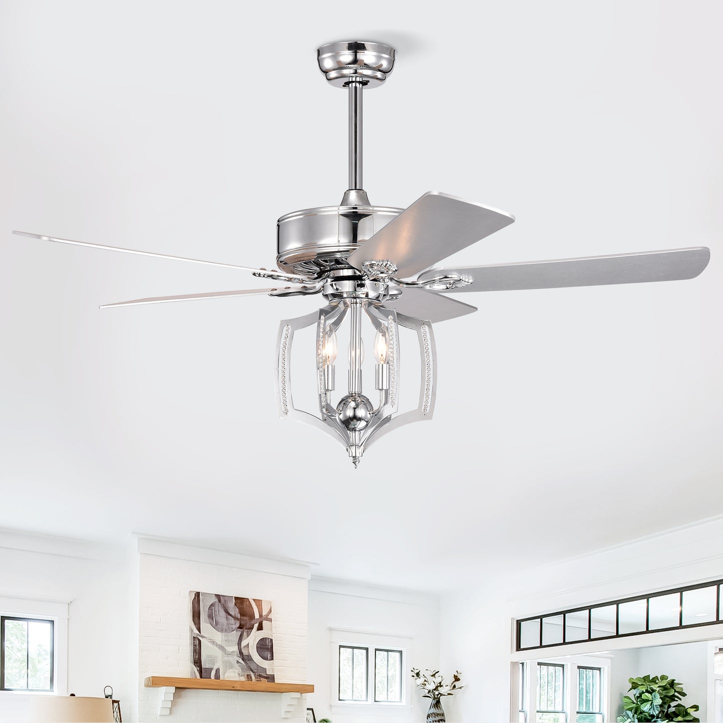 Ceiling Fans with Lights(no include bulb)  and Remote 52 Inch Bedroom Ceiling Fan with Light Crystal Chandelier Fans, Reversible Motor, Timer, Polished Chrome