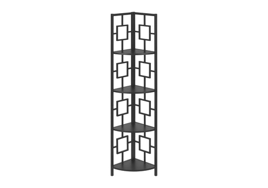 Bookshelf, Bookcase, Etagere, Corner, 4 Tier, 62"h, Office, Bedroom, Black Laminate, Black Metal, Contemporary, Modern