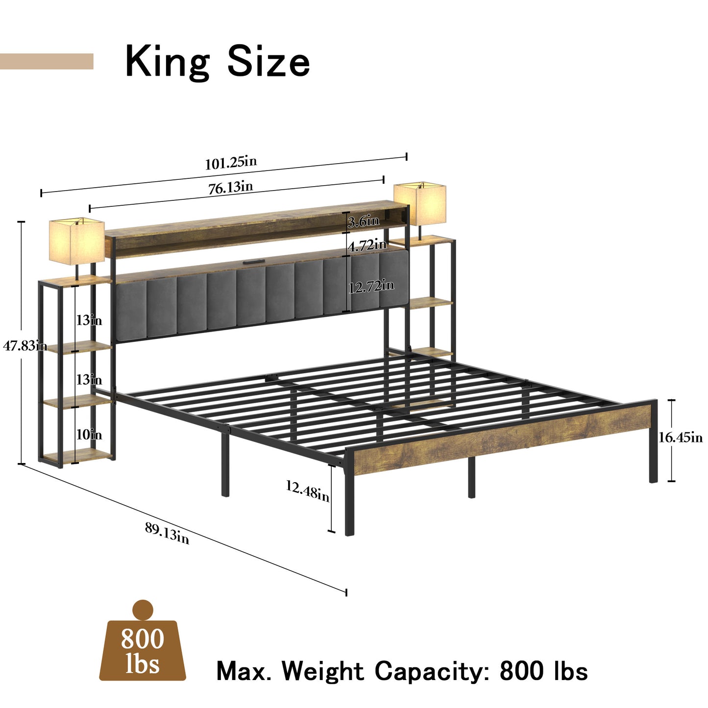 King Bed Frame with Storage, Platform Bed King Size with LED Lights and Charging Station, Dark gray velvet Headboard with Bookcase Shelves, No Box Spring Needed, Noise Free