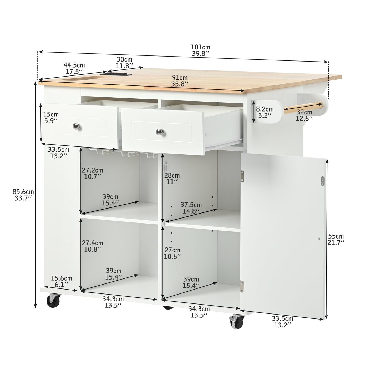 Kitchen Island with Power Outlet,Kitchen Storage Island with Drop Leaf and Rubber Wood,Open Storage and Wine Rack,5 Wheels,with Adjustable Storage for Home, Kitchen, and Dining Room,White