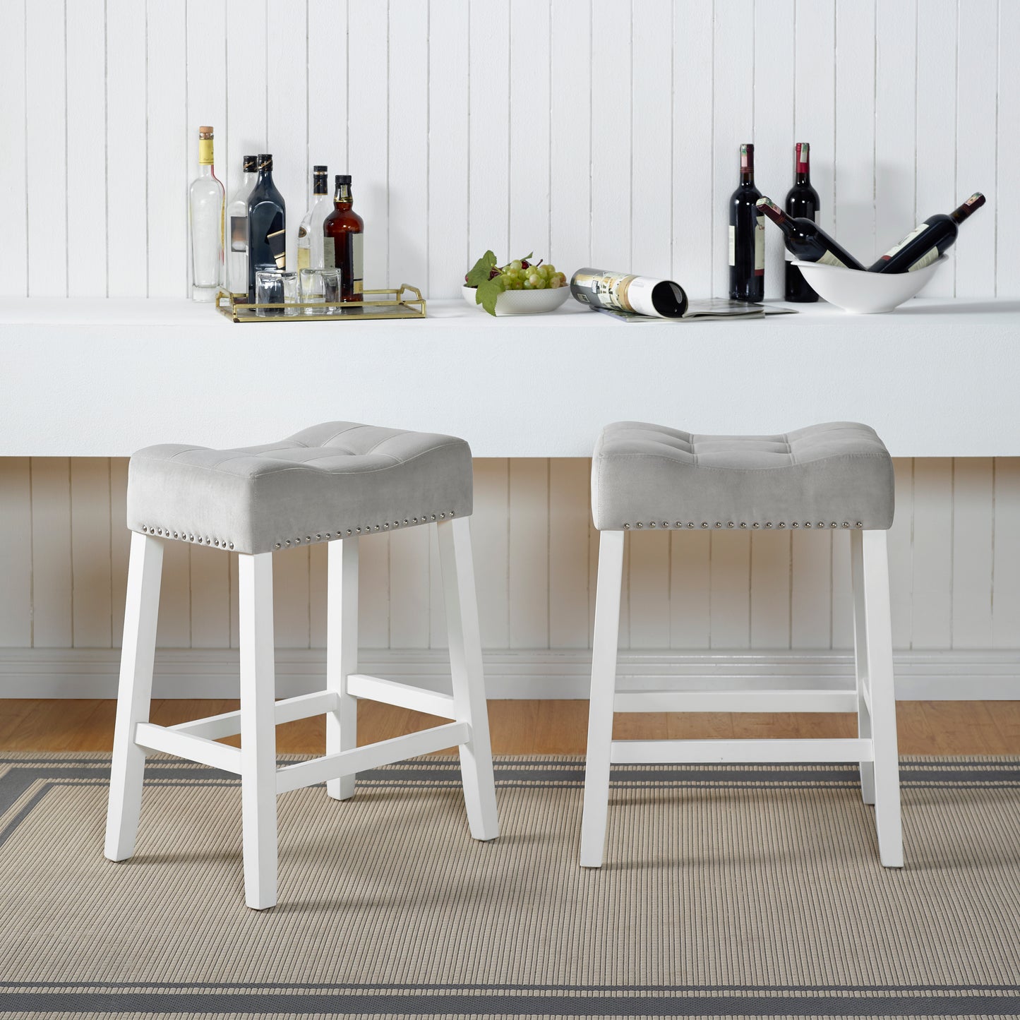 Morovo Set of 2 Velvet Counter Height Stools with Tufted Saddle Seats, White-Wash Finish, Gray